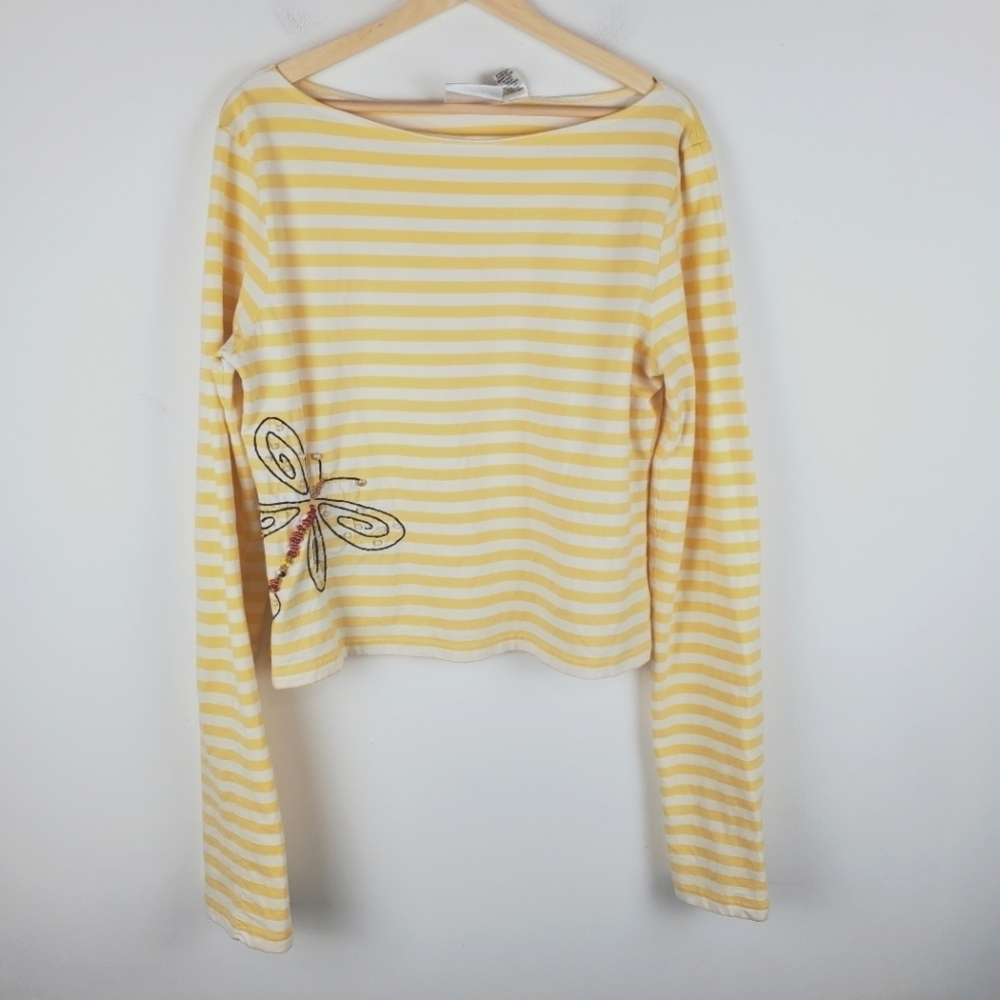 Michael Simon Shirt Womens Large Yellow Stripe‎ Beaded Butterfly Boatneck Summer